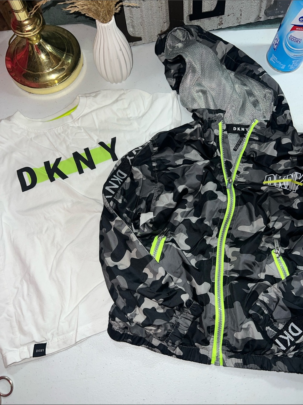 DKNY Kids White Logo Tee & Black/Grey Camo DKNY Windbreaker Jacket Set Neon Acce